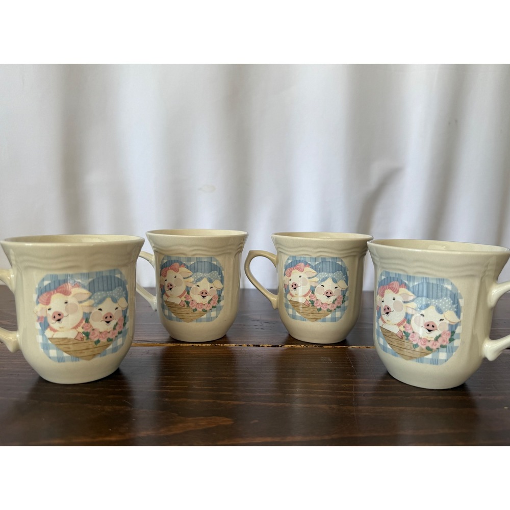 VTG Tienshan Stoneware Pig Pal Tea Set 4 Mugs 4 Saucers Country Farmhouse - Picture 14 of 14
